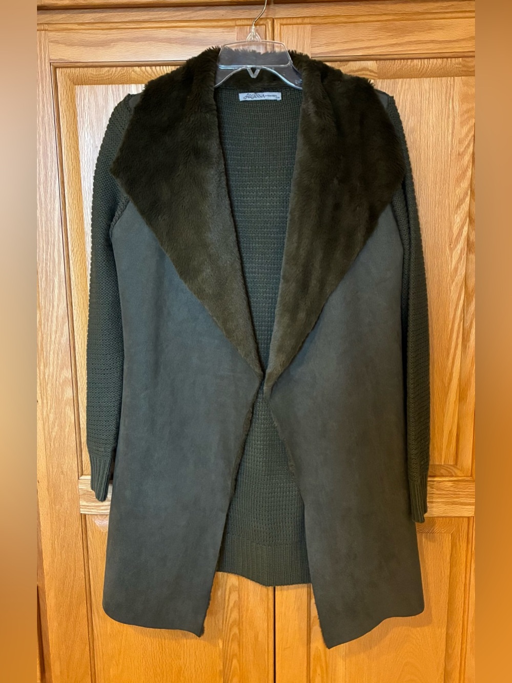 Arianna Knit Cardigan w/ Faux Fur & Faux Suede Front/Collar, Sz. S/M, Green